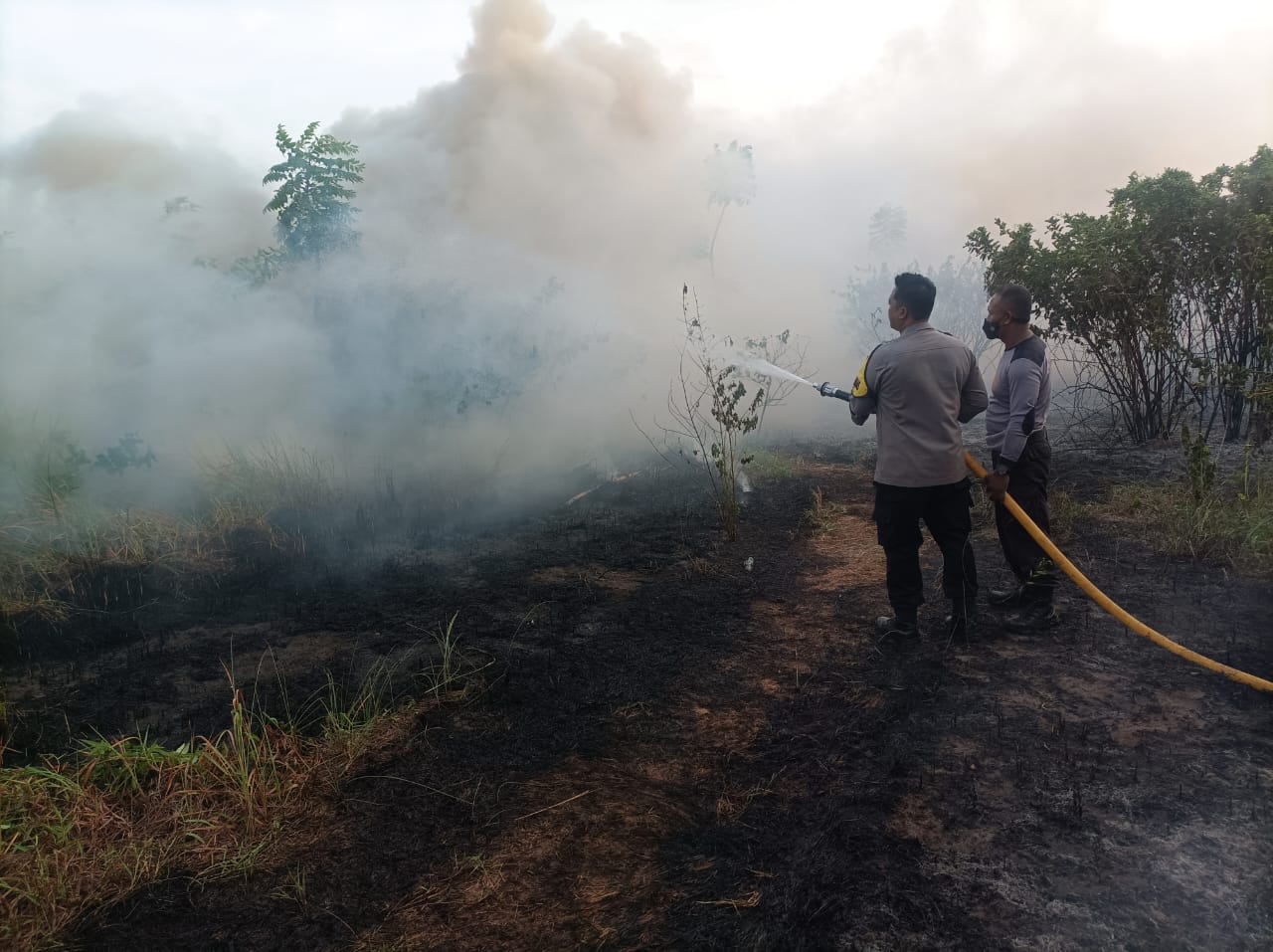 Bhabinkamtibmas Pulau Pari Bantu Damkar Padamkan Kebakaran Lahan Ilalang di Pantai Perawan