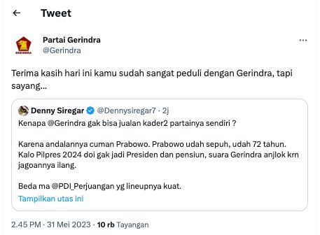 Akun Twitter Partai Gerindra Respon Denny Siregar Dari Gerah Hingga Sayang