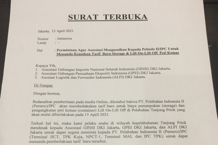 Tiga Assosiasi Didesak Minta PT. Pelindo II Tunda Kenaikan Tarif Storage dan Lift On-Lift Off Peti Kemas.