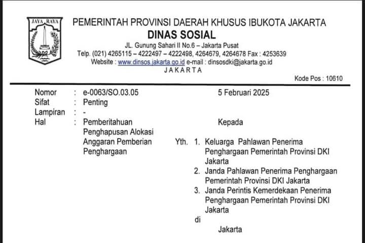 Pemprov DKI Jakarta Setop Anggaran untuk Keluarga Janda Pahlawan dan Perintis Kemerdekaan: Partai Gerindra Perlu Merespon