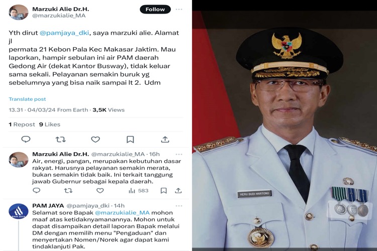 Marzuki Alie Mengeluh Pasokan Air? Jika Benar, Pj Gubernur Heru Budi  Disarankan Mengganti Seluruh Direksi dan Komisaris PAM Jaya.