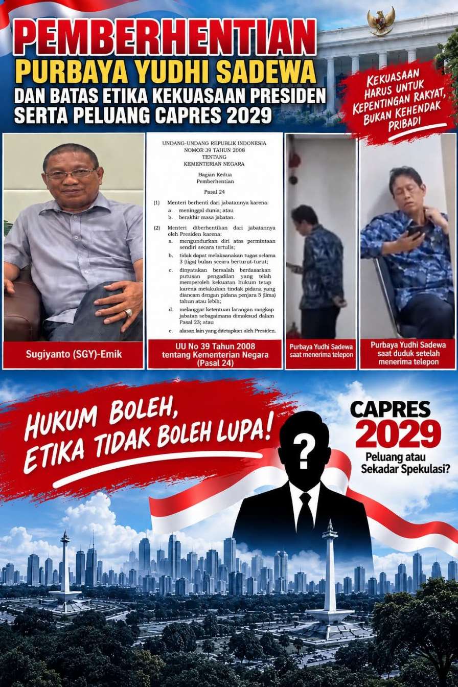 Pemberhentian Purbaya Yudhi Sadewa dan Batas Etika Kekuasaan Presiden serta Peluang Capres 2029